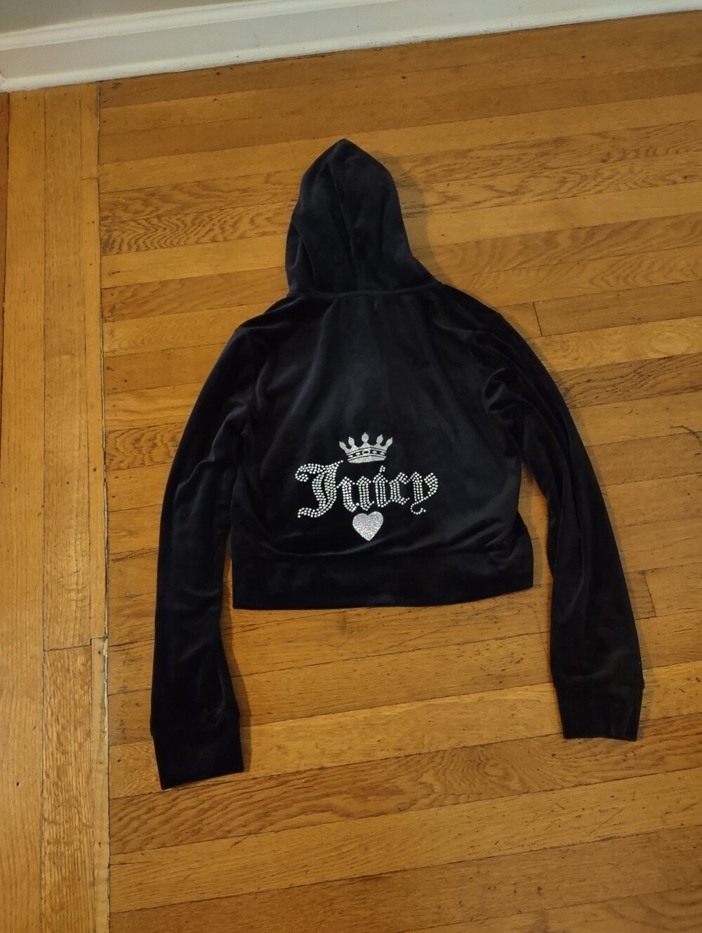 y2k black velour zip up rhinestone crown logo hoodie size medium